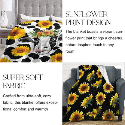 Soft Cozy Sunflower Cow Print Blanket for All Season